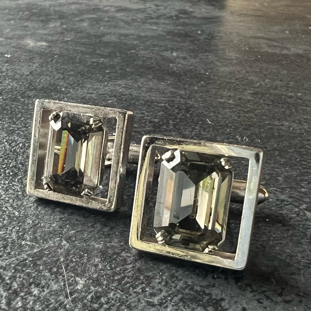 Mens Cufflinks Square Silver & Gray Glass Smoky  MCM Mens VTG Jewelry Cuff Links